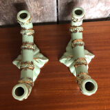 Old pair of double ceramic candlesticks green & gold vintage #A270