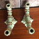 Old pair of double ceramic candlesticks green & gold vintage #A270