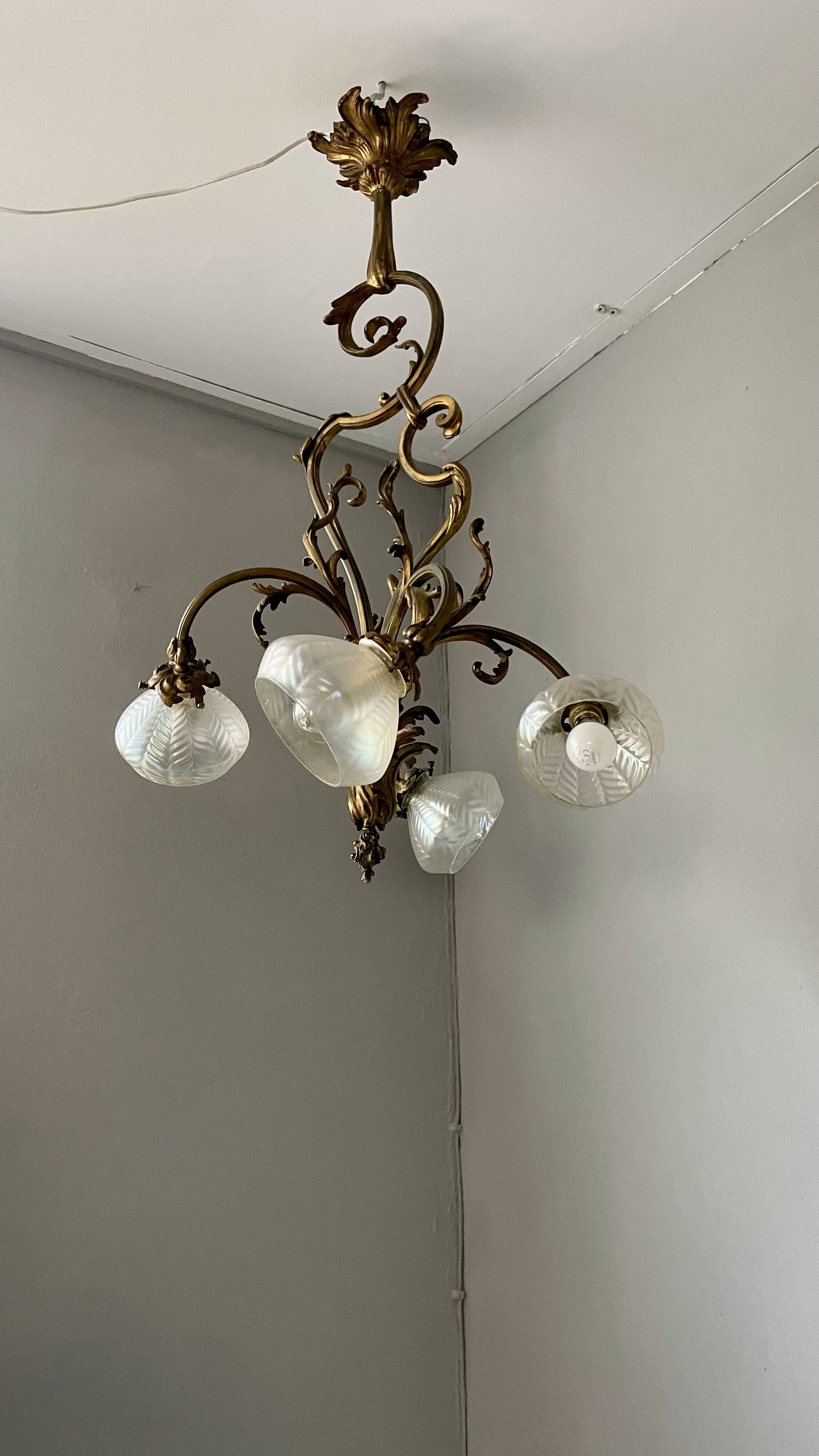 Jugendstil Golden Chandelier with Frosted Glass Shades