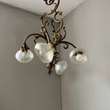 Jugendstil Golden Chandelier with Frosted Glass Shades