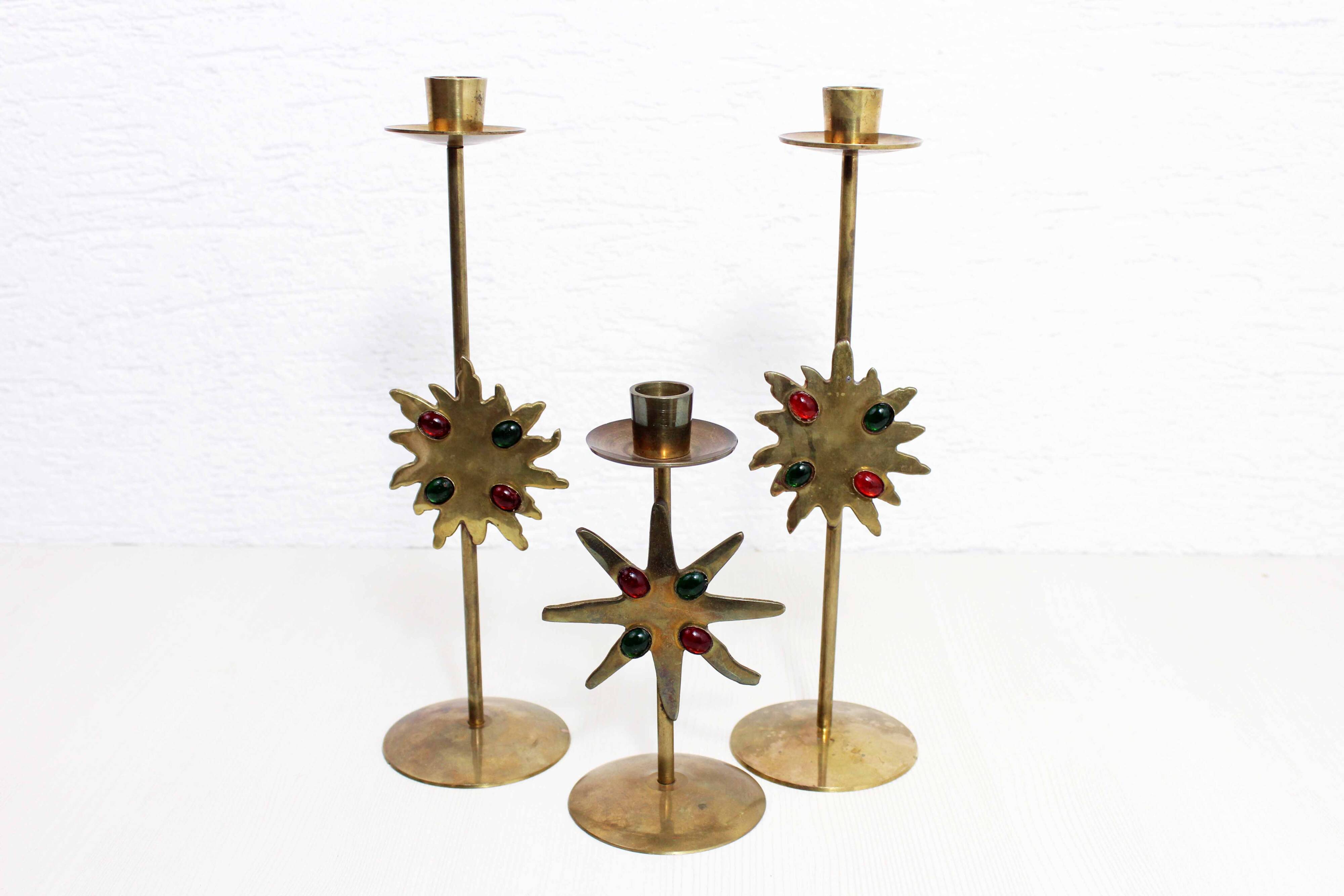 Set of 3 brass sun candle holders