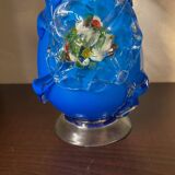 Clichy glass vase with floral decoration in intense blue tones and small years