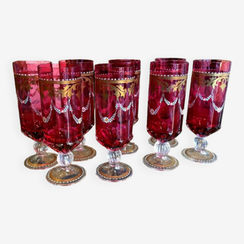 Set of 8 magnificent champagne flutes in painted and enameled murano glass