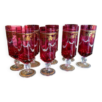 Set of 8 magnificent champagne flutes in painted and enameled murano glass