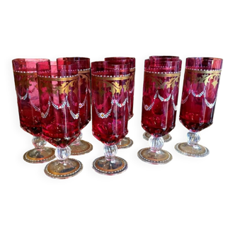 Suite de 8 magnifiques flûtes a champagne en verre de murano peints et emailles