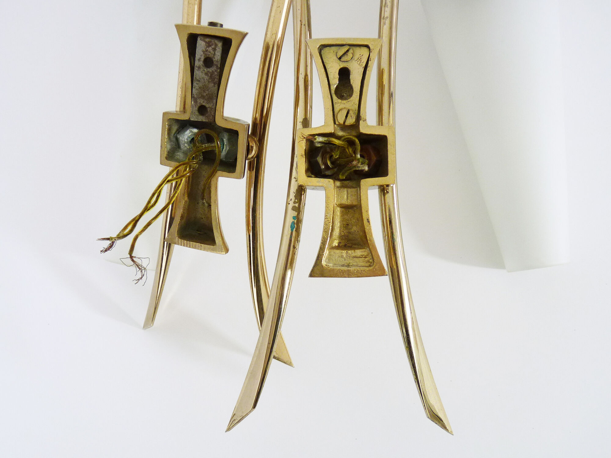 Pair of brass wall sconces and double tube in white opaline 1960