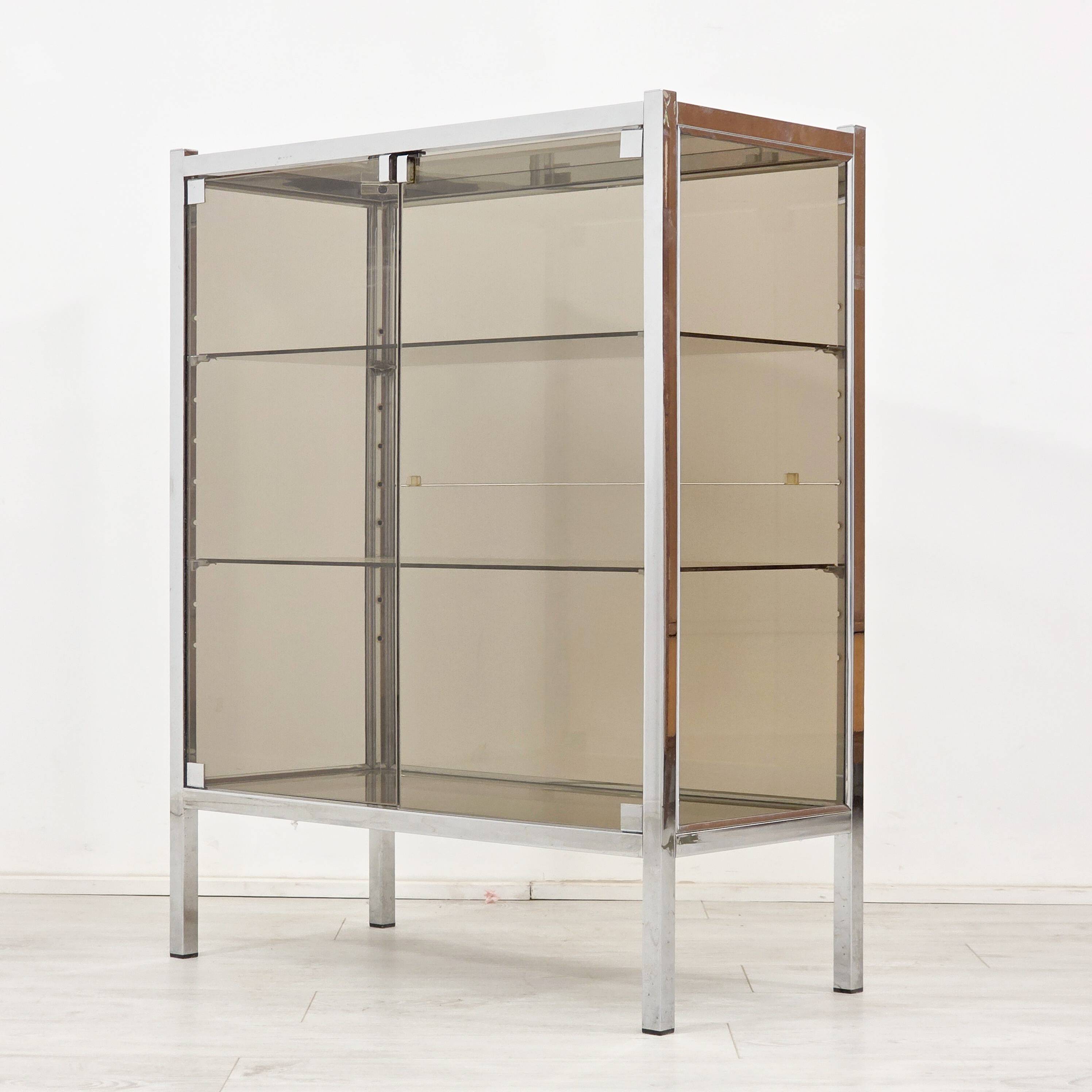 Chrome metal display cabinet with smoked glass – modernist design, 1920s.