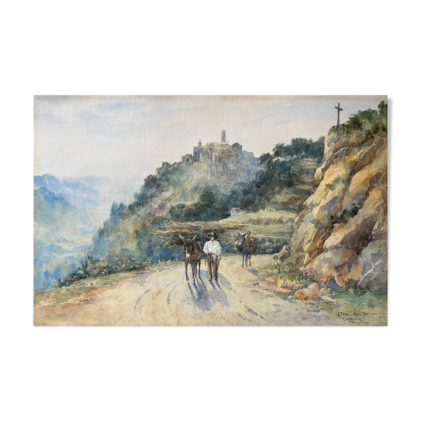 Watercolor painting circa 1900 Saint-Paul-de-Vence Alpes Maritime by MH Meyrick