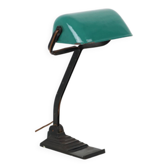 Lampe de bureau Art Déco Lampe de notaire Erpe Modèle 52 Fer forgé Abat-jour émaillé vert