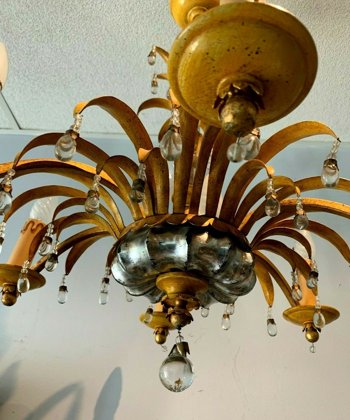 Glass chandelier and patinated sheet metal Six arms of light XX century