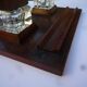 Wooden writing set including two glass inkwells, circa 1950