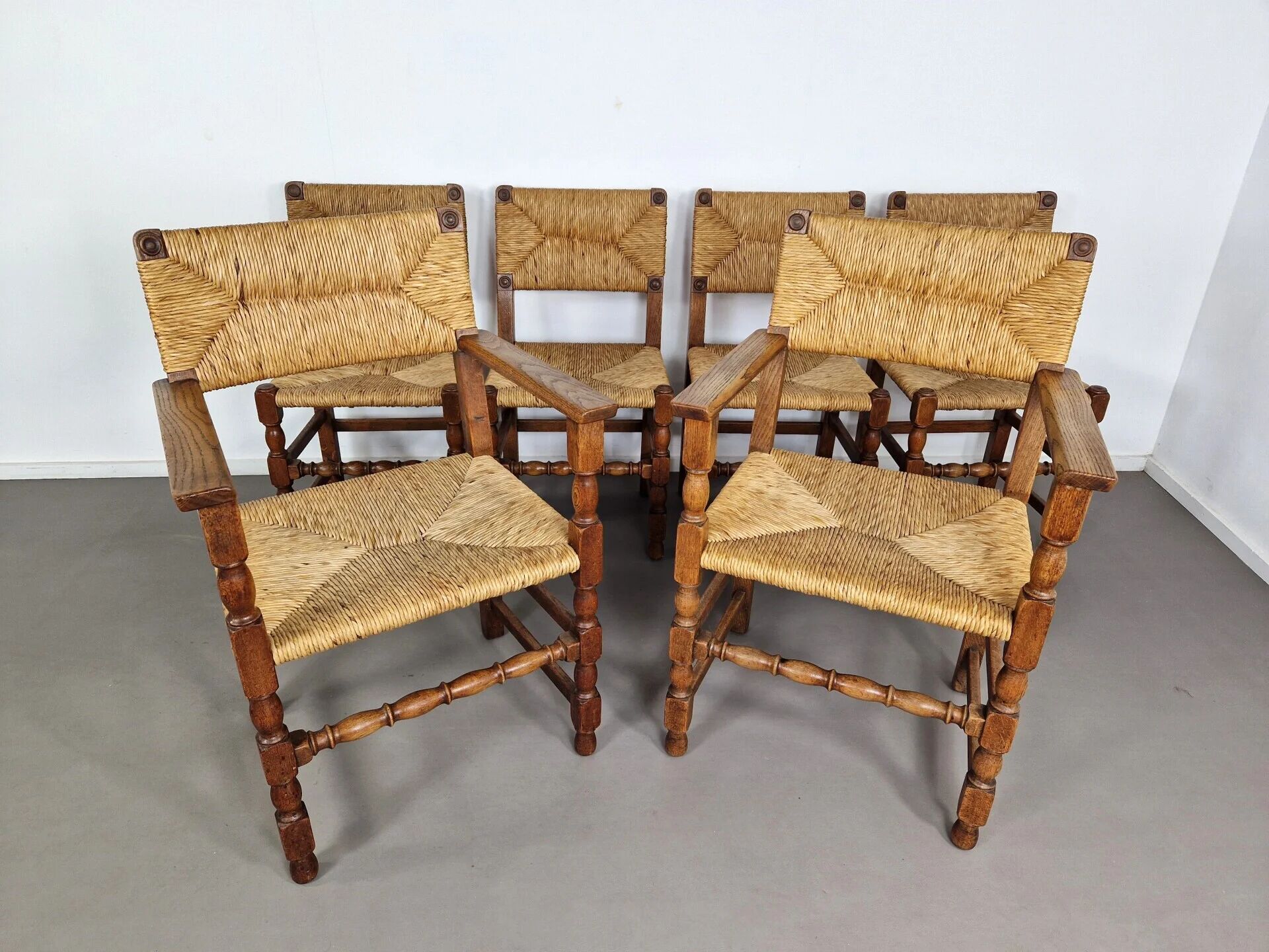 Set of French primitive rush chairs | 1930s