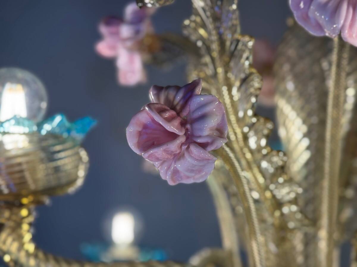 Impressive Venetian Chandelier in Mordoré, Blue and Pink Murano Glass, Ve