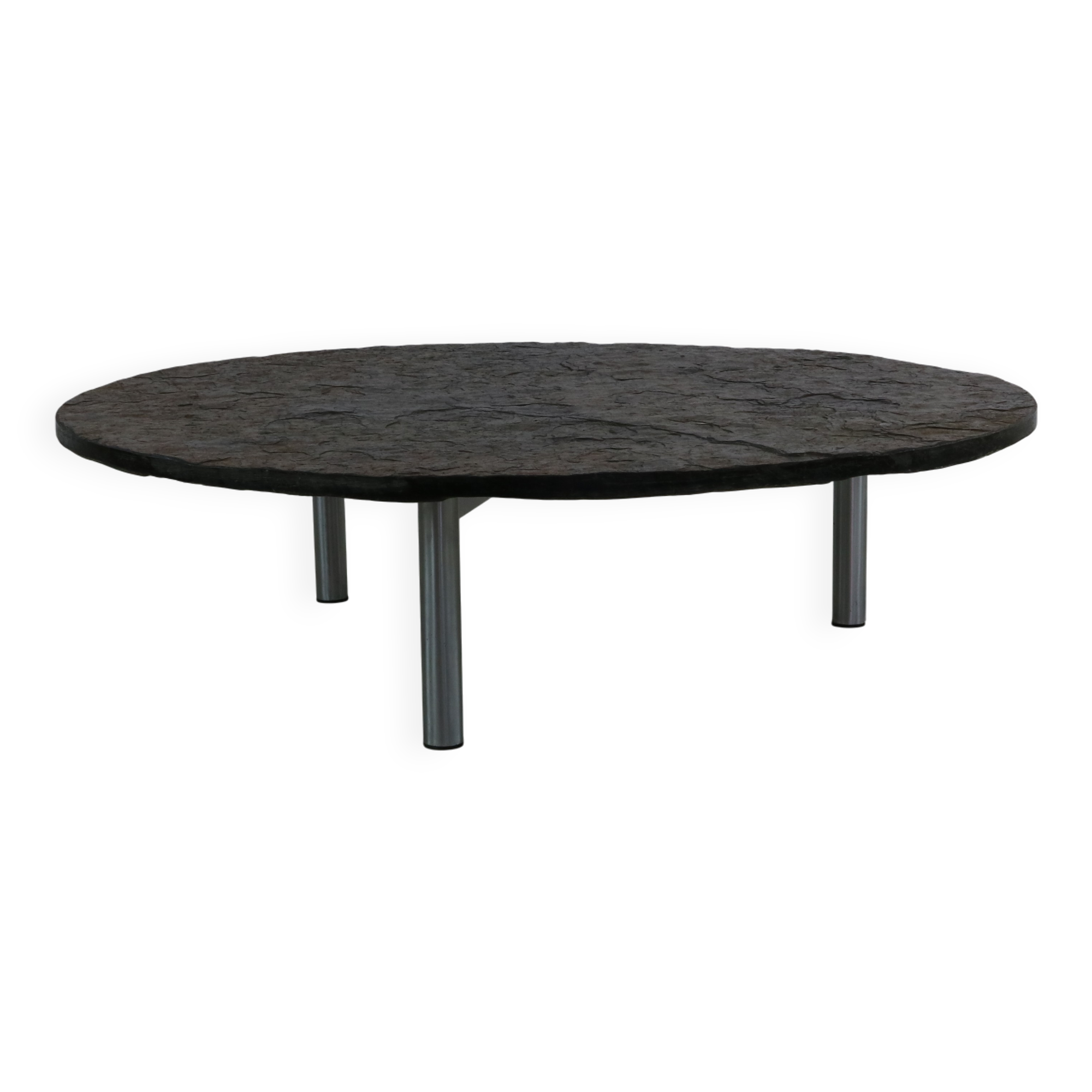 Large brutalist slate stone round coffee table