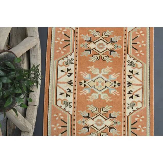 Vintage Turkish Hand-Knotted Wool Cotton Orange Runner Rug 77x276