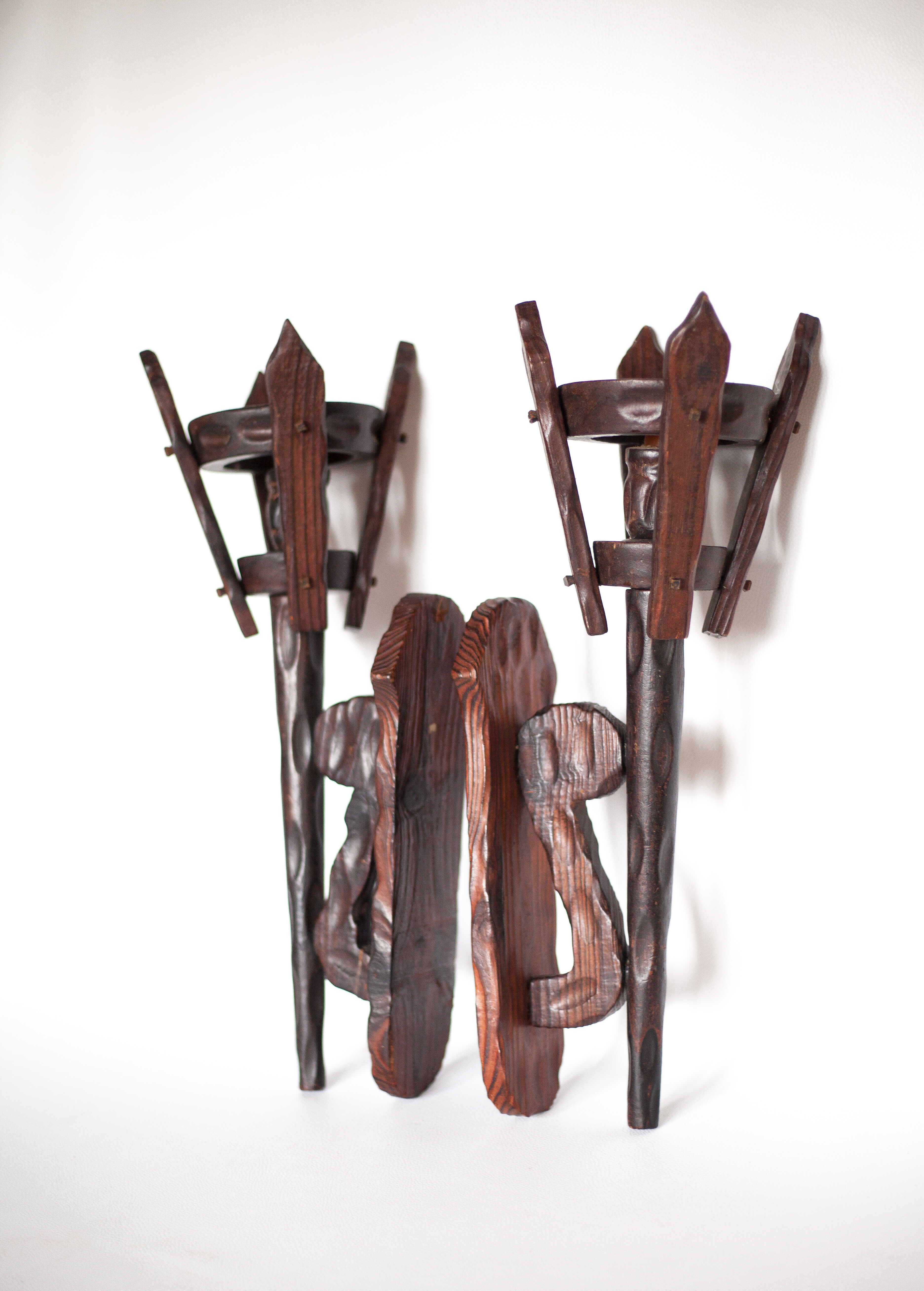 Pair of brutalist wood candle holders