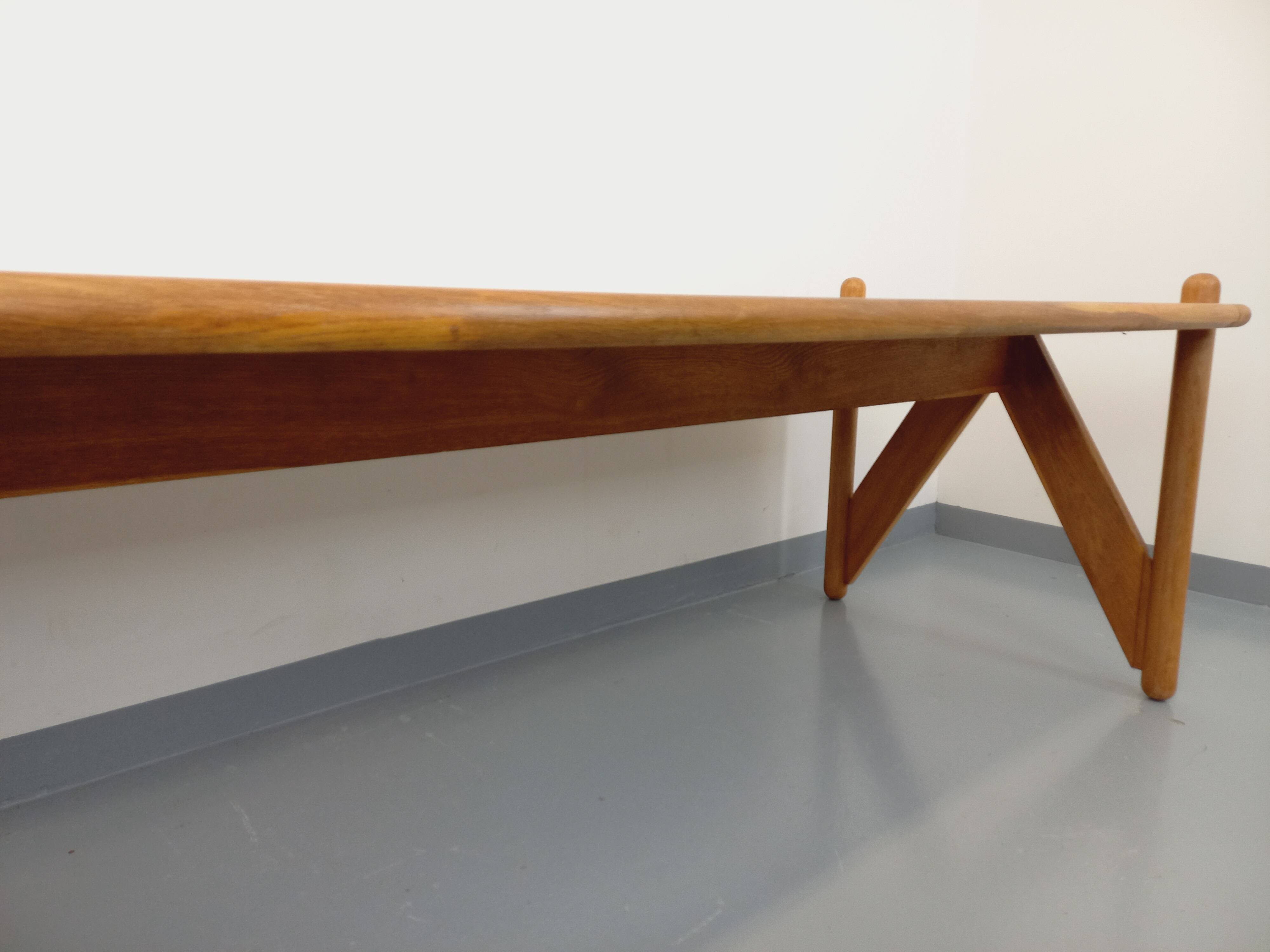 Large vintage brutalist rectangular table made of solid oak wood.