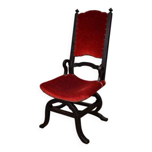 Fauteuil ancien style néo-Renaissance italienne / Savonarole – velours rouge – bois noirci
