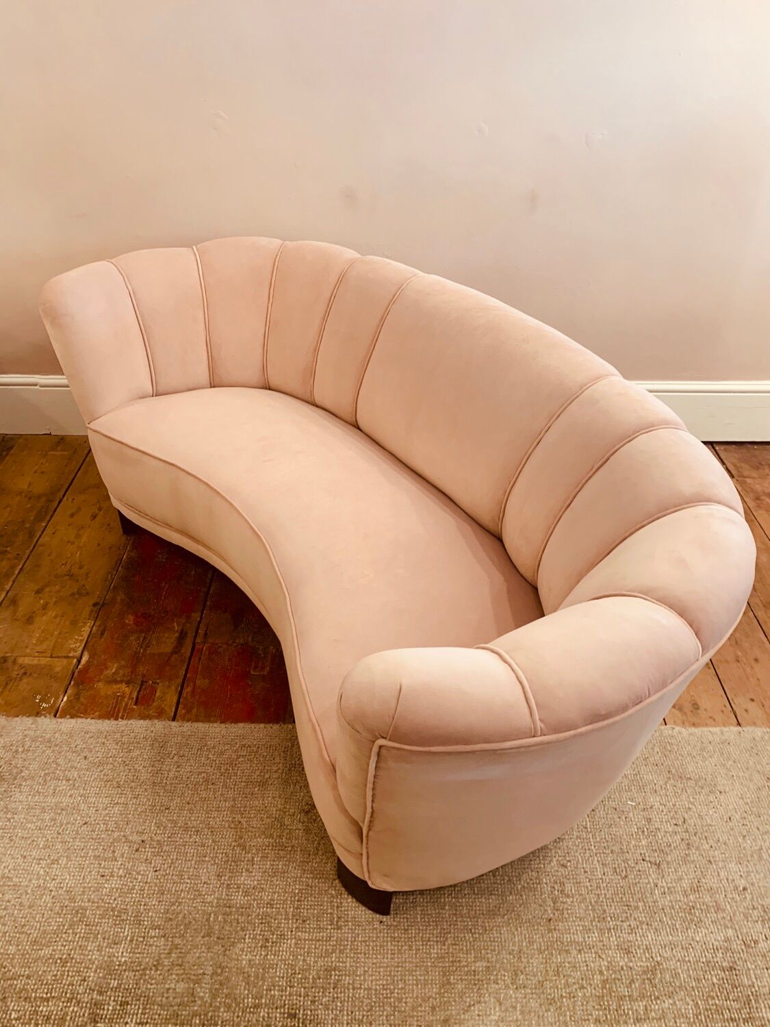 1940s Danish Banana Shaped Scalloped Sofa in Blush Pink