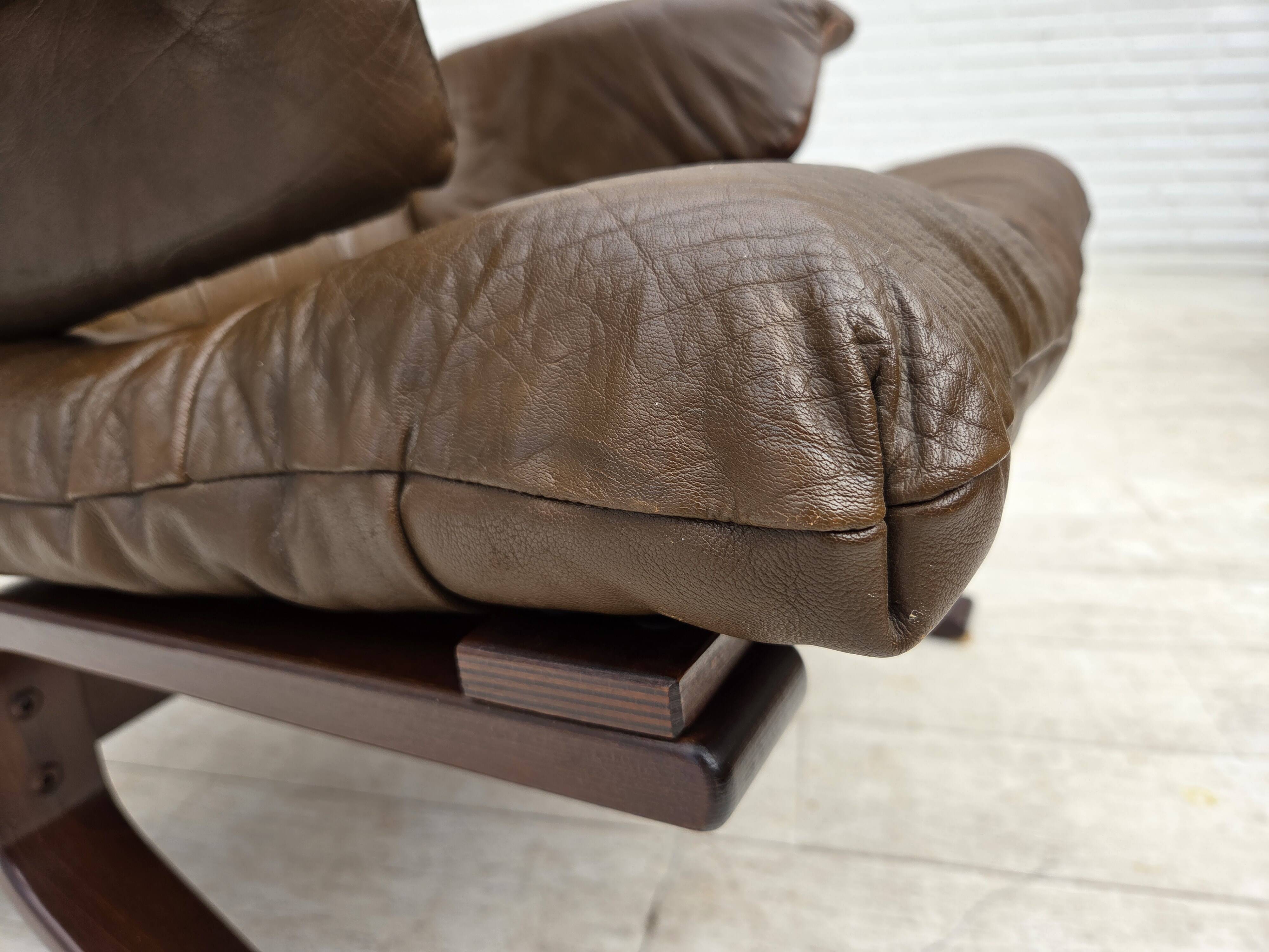 Fauteuil en cuir de meuble marron, années 1970, design scandinave,