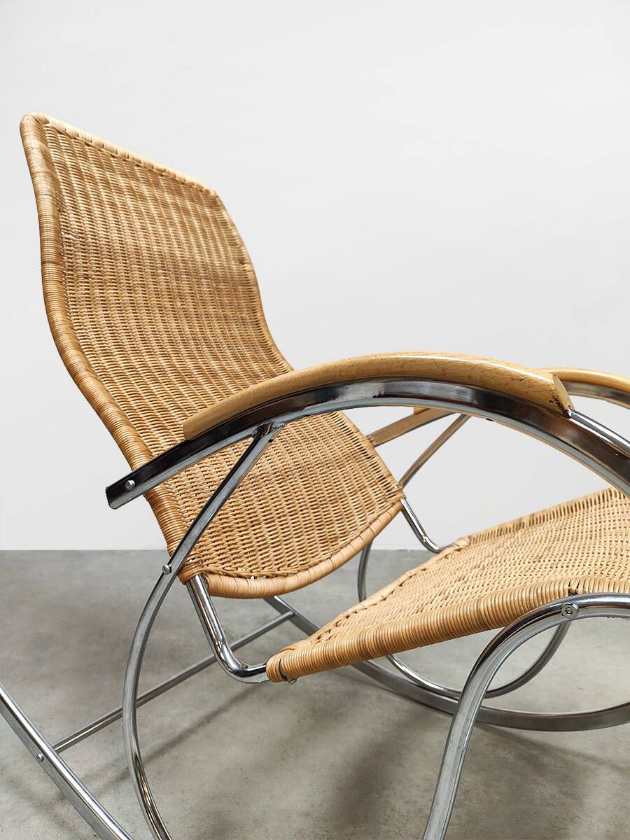 Vintage chrome and wicker rocking chair 1970s
