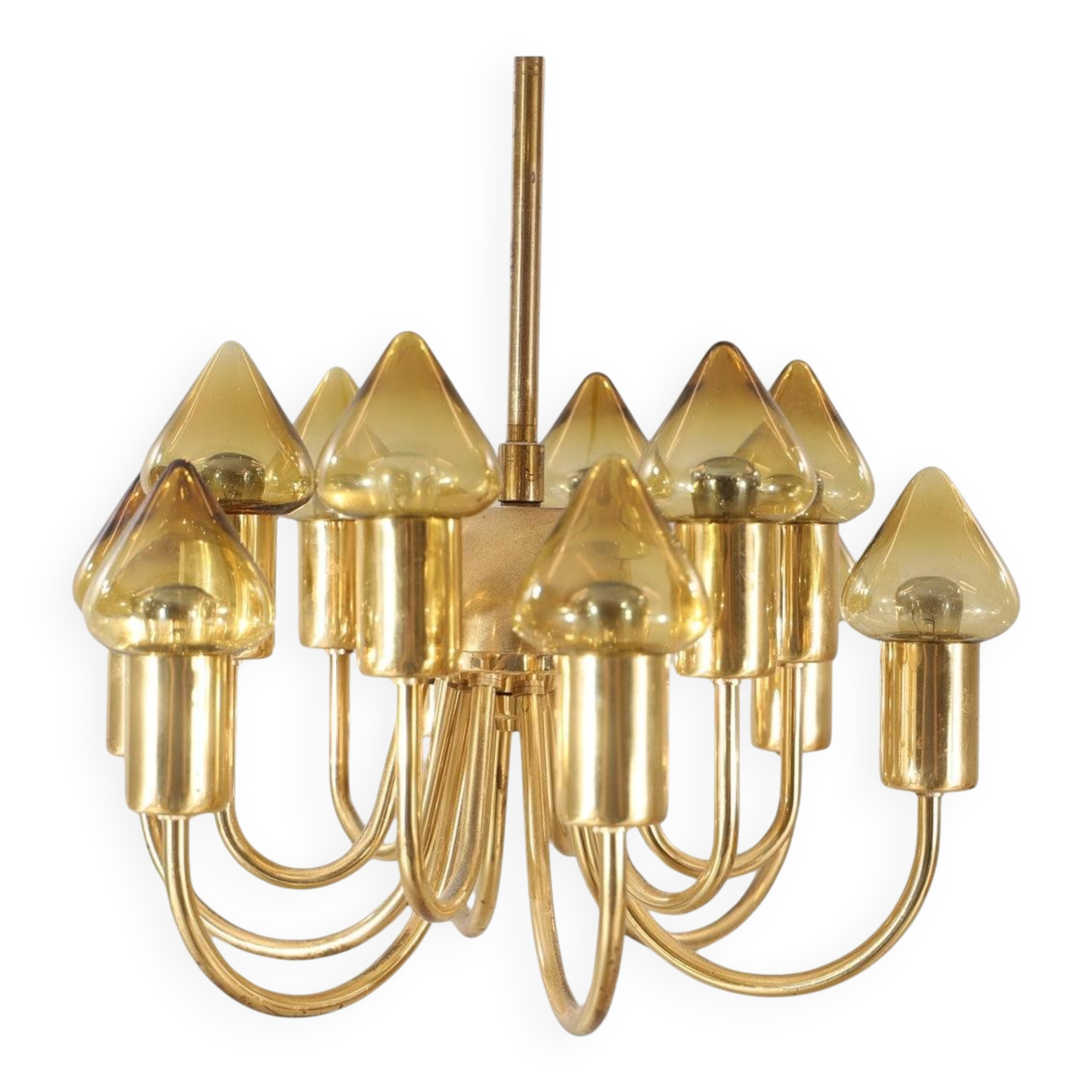 Hans-Agne Jakobsson 12-Armed Brass and Glass Model T 789/12 Chandelier, 1960s