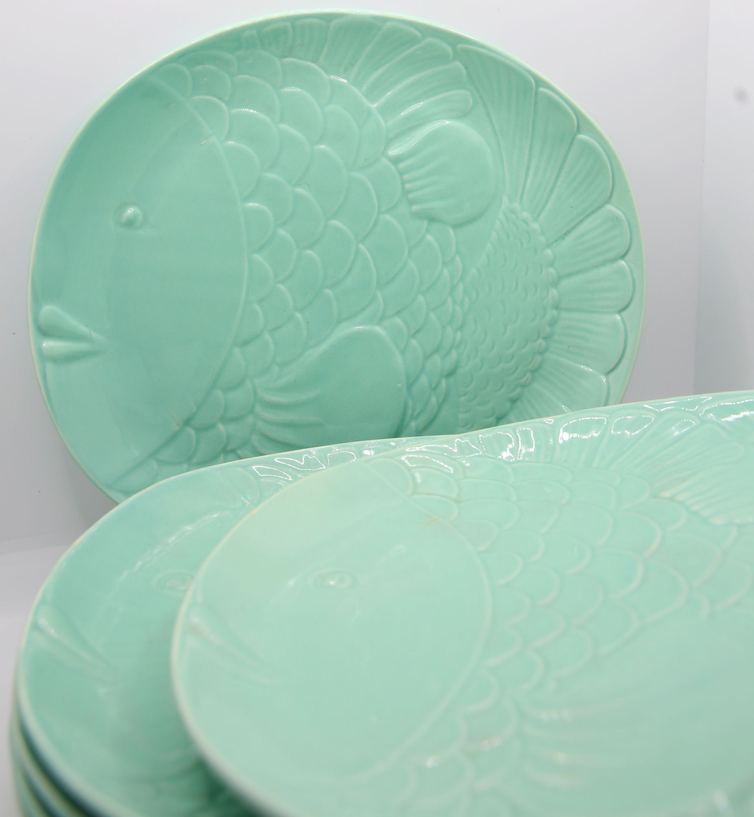 Set of 6 XL fish plates in sky blue earthenware