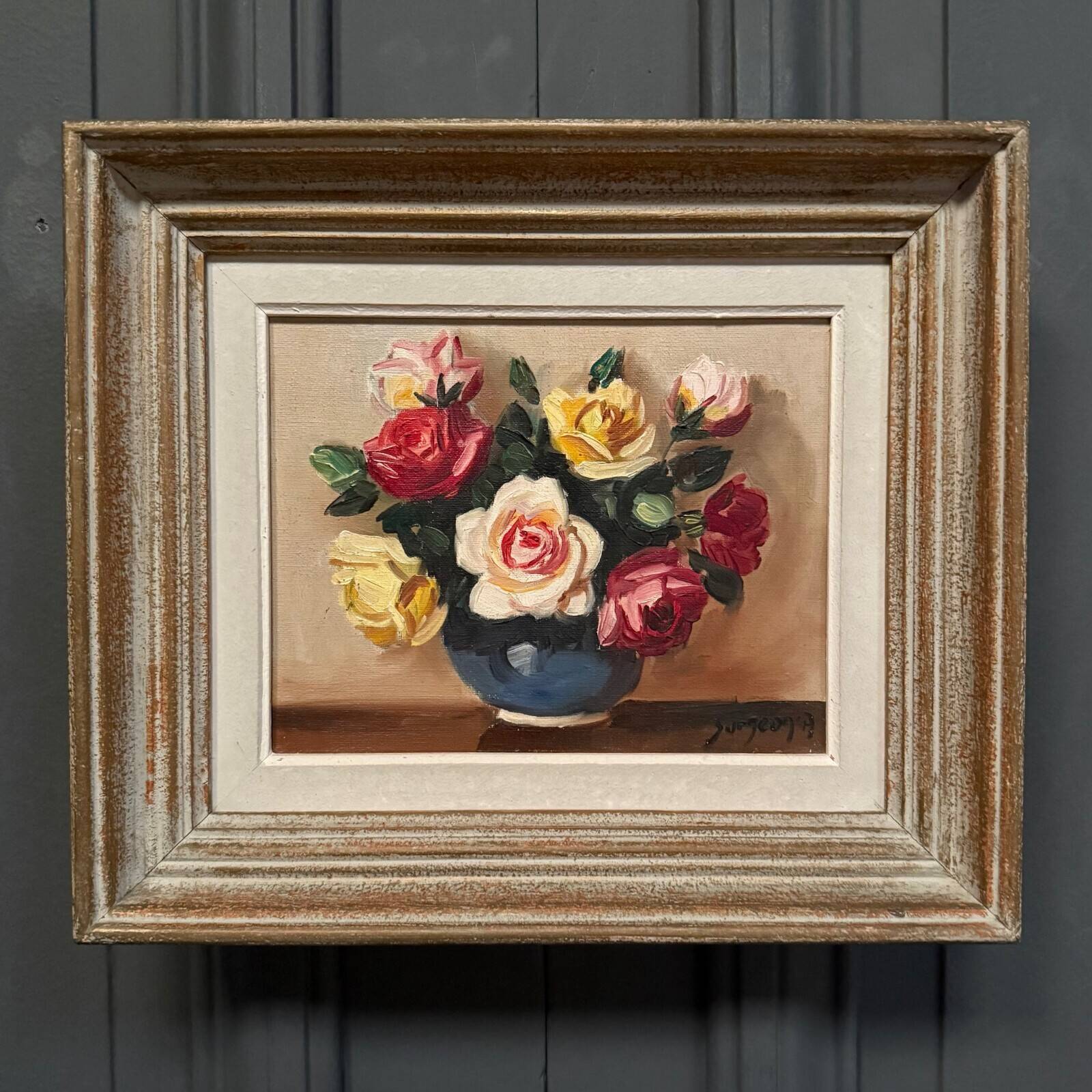 Oil on canvas still life with roses 20th century by Surgeon, whitewashed frame