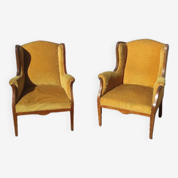 Pair of wing chairs Louis Philippe mustard yellow armchairs