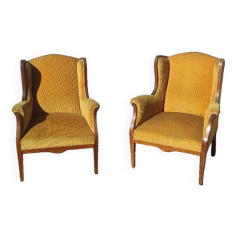 Pair of wing chairs Louis Philippe mustard yellow armchairs