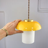Mid-century yellow glass & brass mushroom pendant lamp
