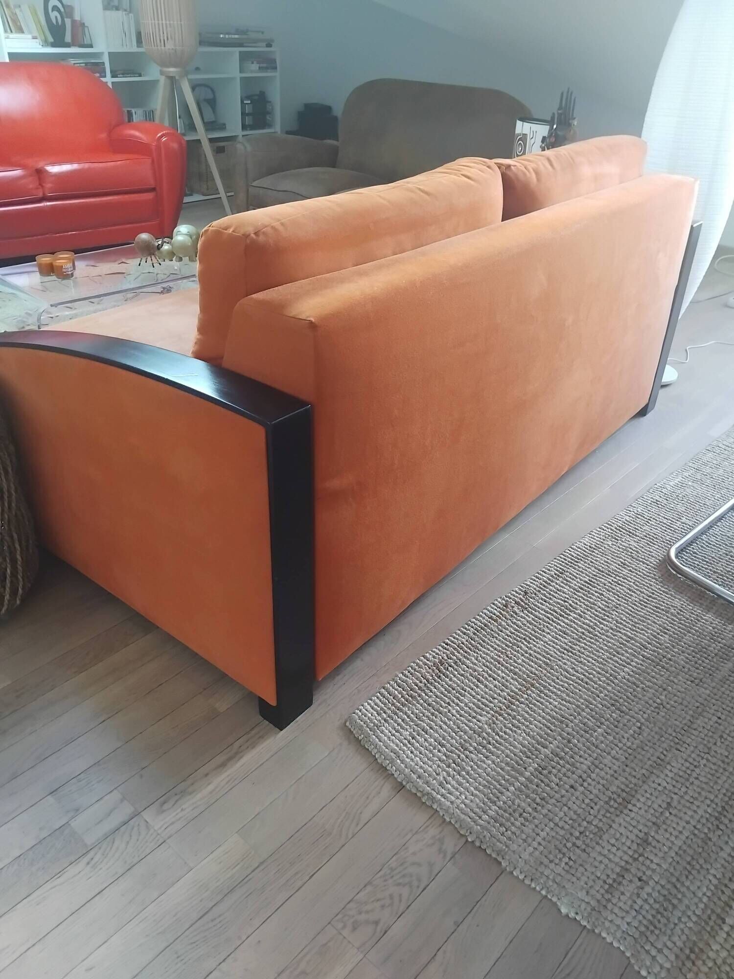 3-seater convertible sofa in brick orange & blackened wood – Diva Salon x Simm