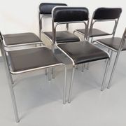 Set of 6 vintage Italian stackable chairs in chrome metal and skai.
