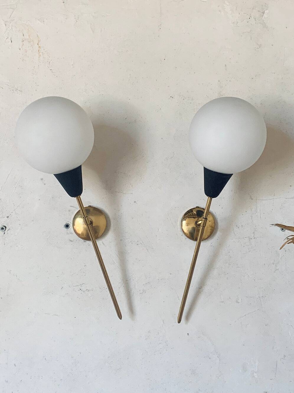 Pair of vintage brass and opaline wall sconces