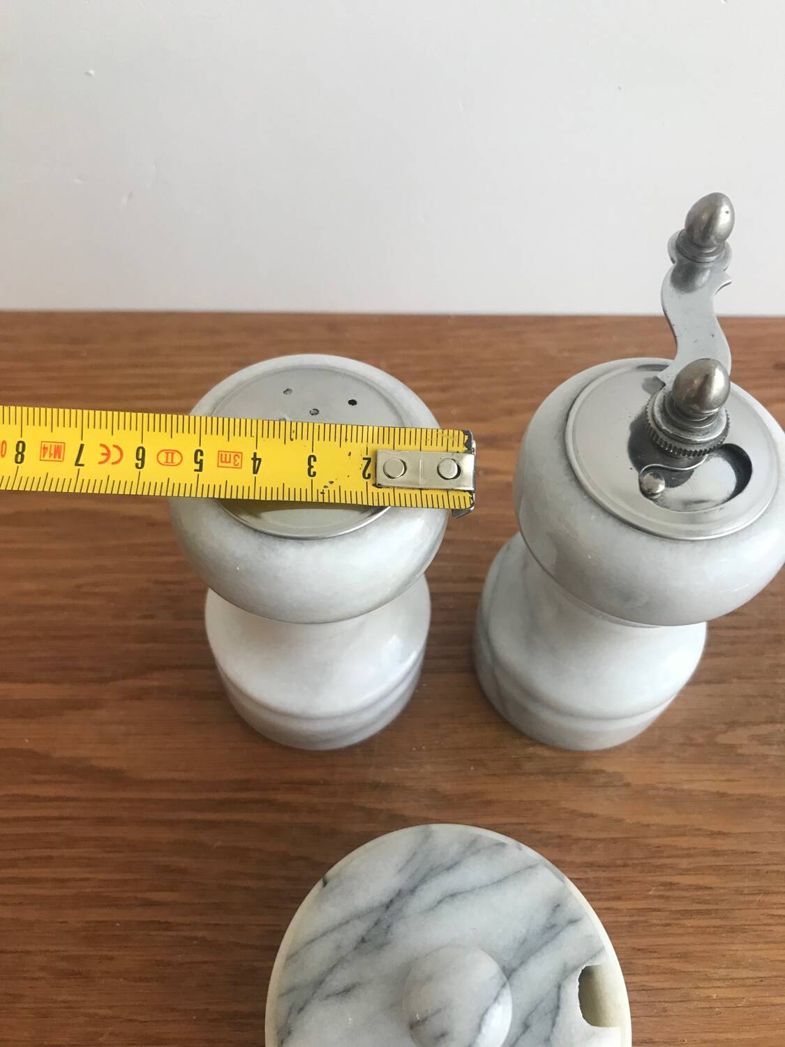 Vintage white marble salt/pepper/mustard shaker set