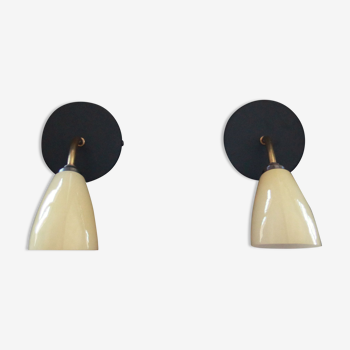 Pair of wall sconces swan neck brass globe opaline glass yellow