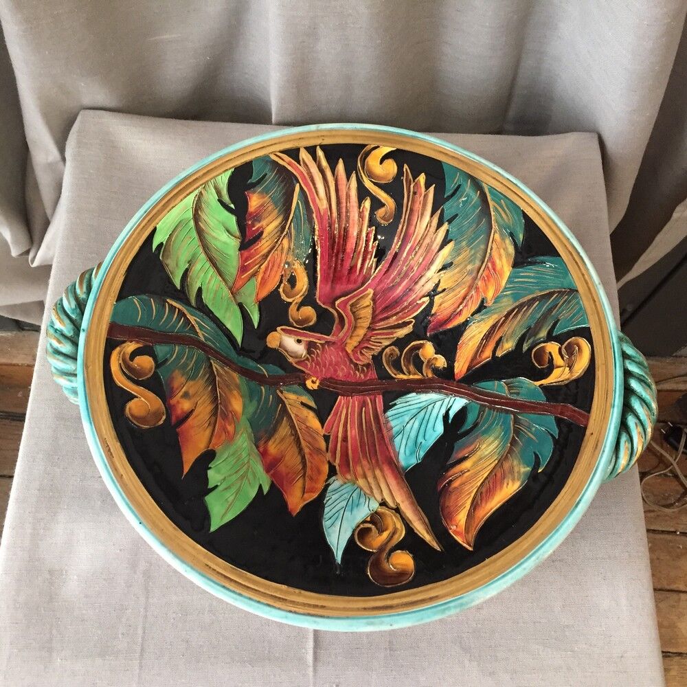 Fruit cup in vintage vallauris ceramic parrot foliage