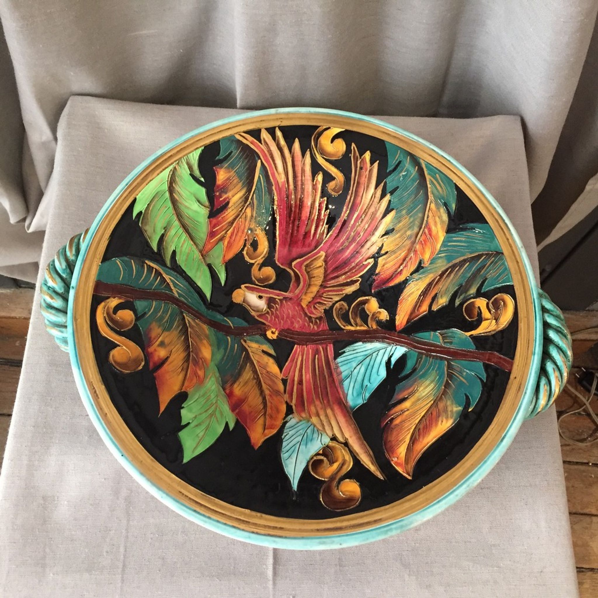 Fruit cup in vintage vallauris ceramic parrot foliage