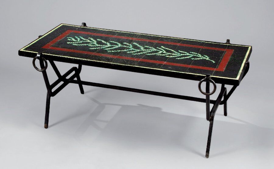 Black iron coffee table and enamelled lava stone