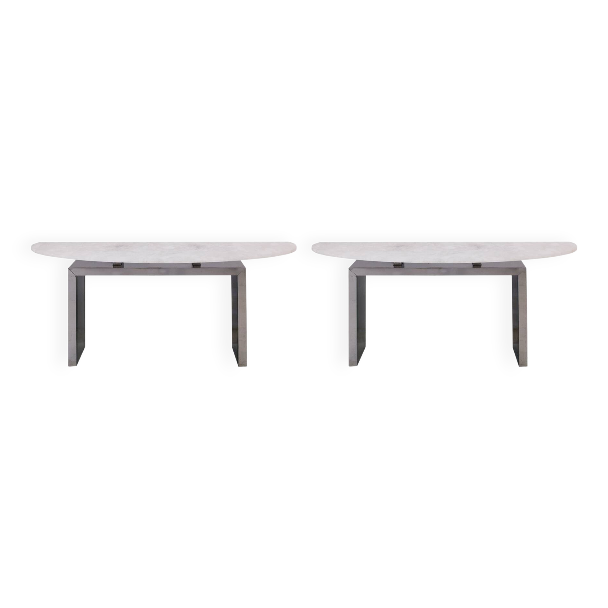 Contemporary Pair of Demilune Consoles Made Of White Quartz & Steel