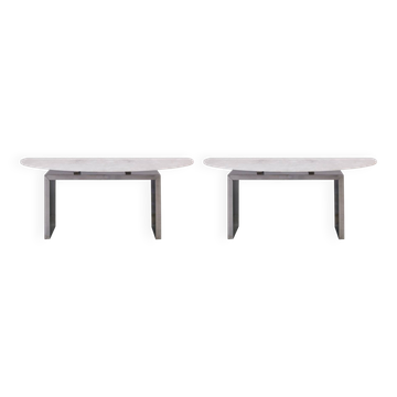 Contemporary Pair of Demilune Consoles Made Of White Quartz & Steel