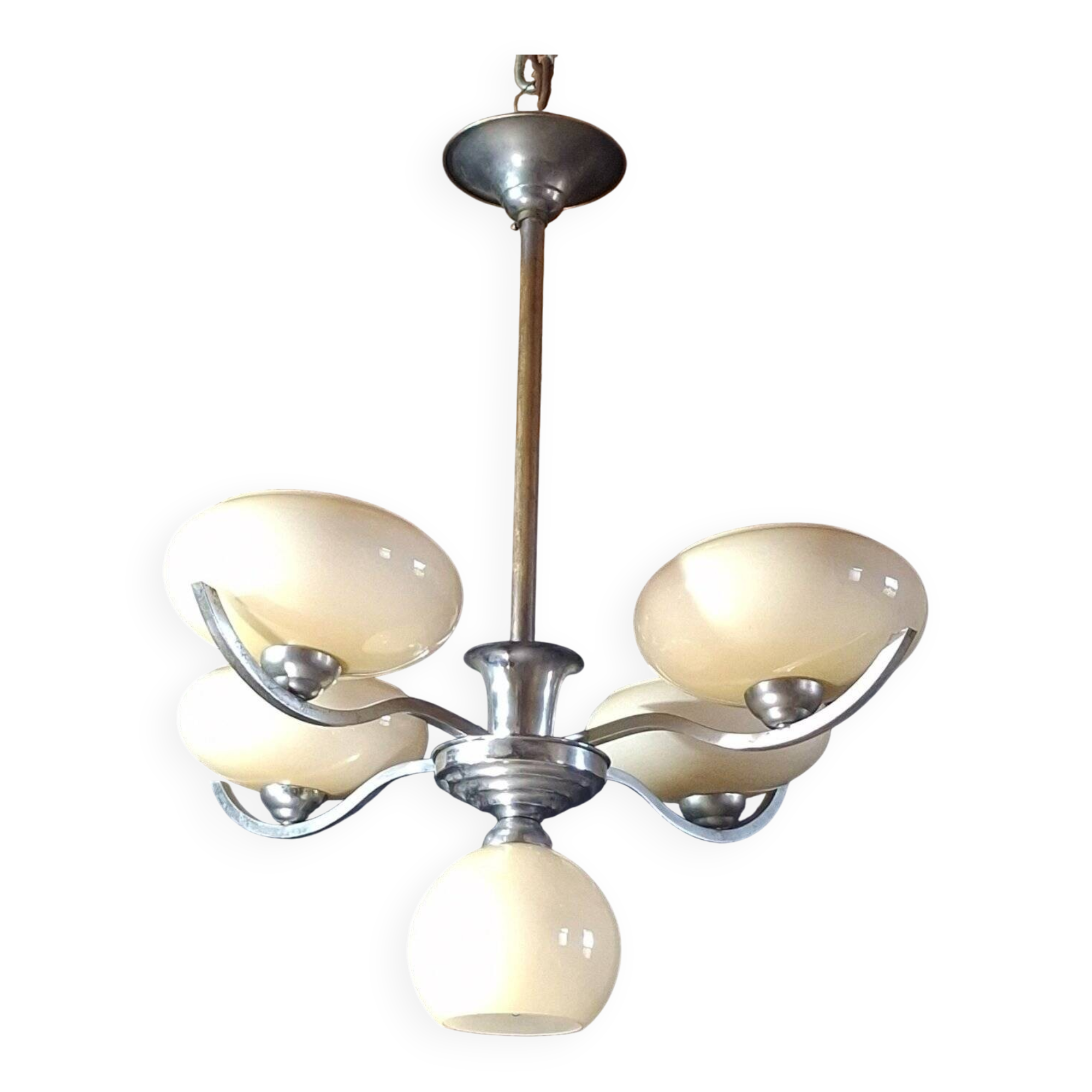 Chrome metal chandelier with 5 pale yellow opal shades from the 1950s.