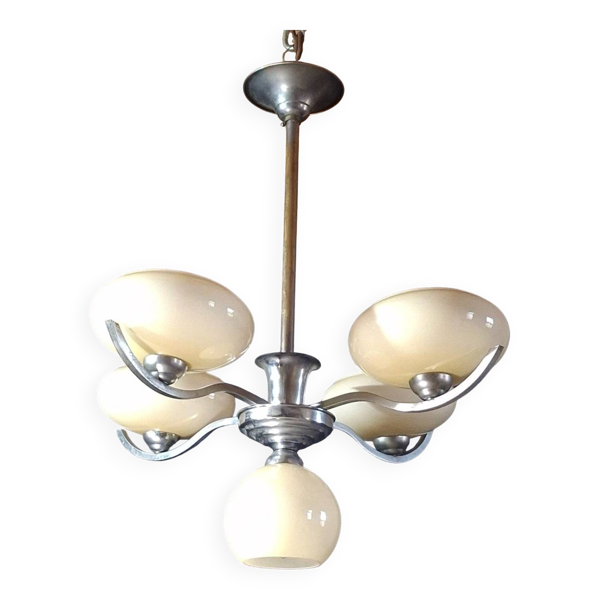 Lustre metal chrome 5 opalines jaune pale 1950 — Beyit