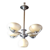 Chrome metal chandelier with 5 pale yellow opal shades from the 1950s.