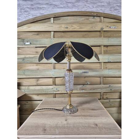 Lotus flower lamp in antique glass and black linen, unique creation.