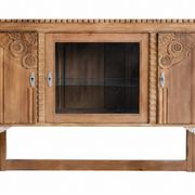 Art Deco glass-fronted sideboard in carved walnut and brass.