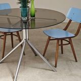 Round table in smoked glass and chrome metal from the 70s
