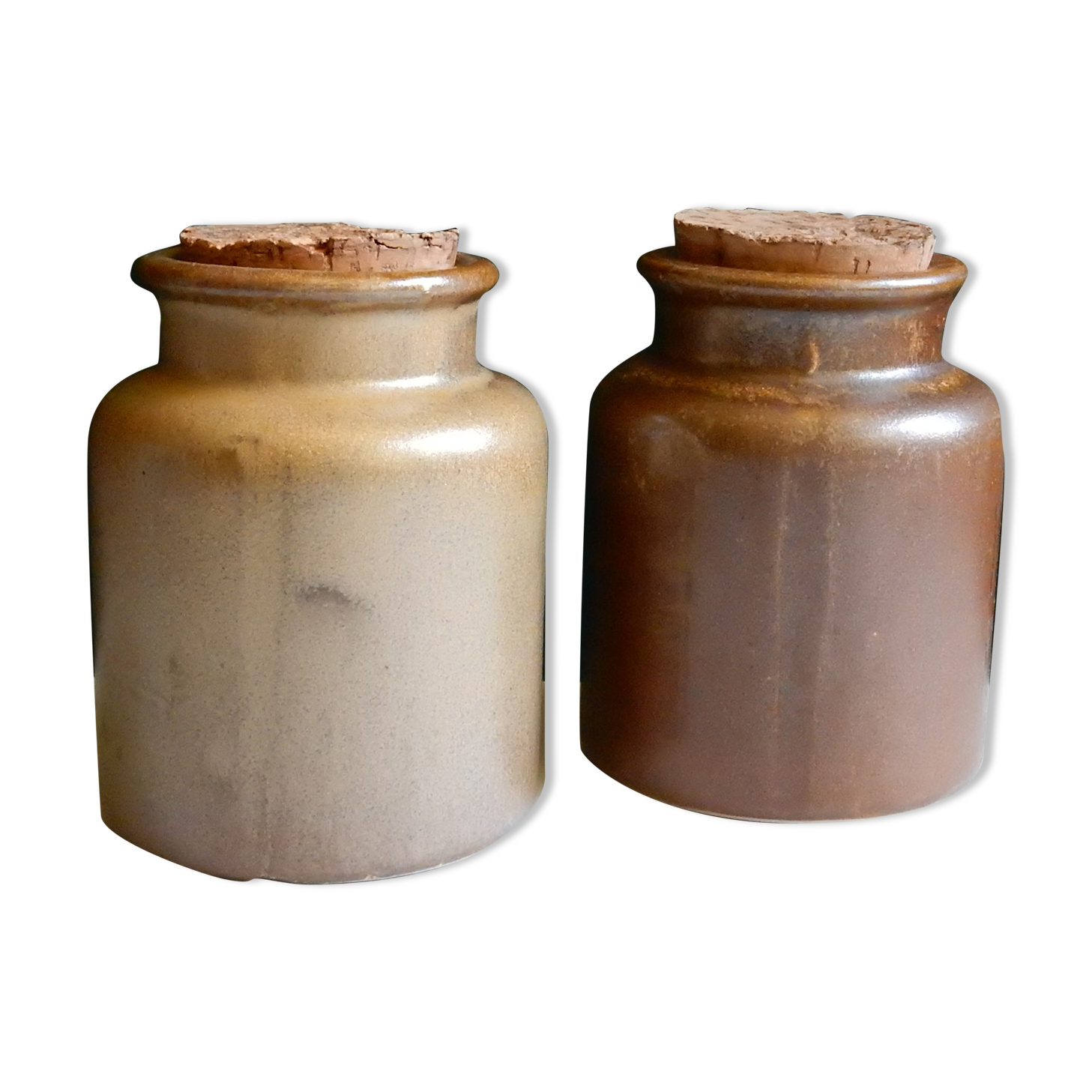 2 brown sandstone mustard pots