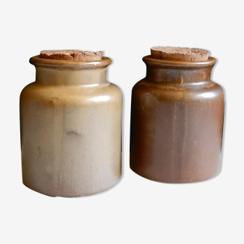 2 brown sandstone mustard pots