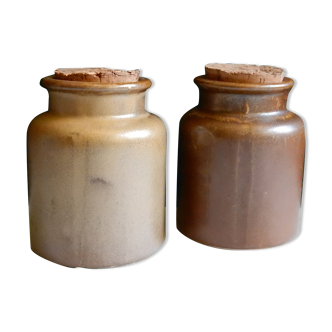 2 brown sandstone mustard pots